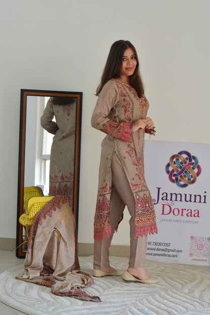 Dark Beige Dola Silk Pakistani Style Suit Set