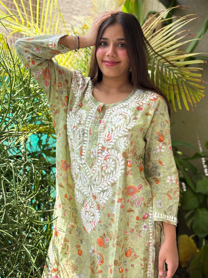 Green Chikankari Malmal Co Ord Set
