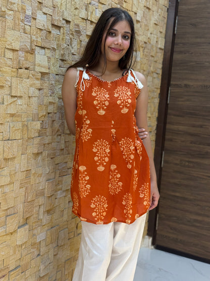 Rust Floral Print with Tie-knot details Short Kurti