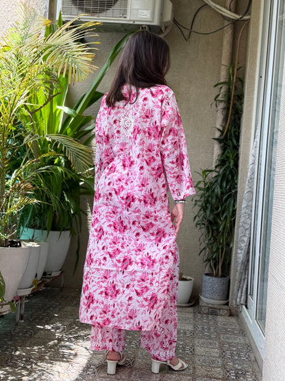 Rani Pink Chikankari Malmal Co Ord Set
