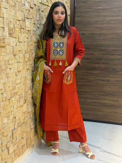 Rust Ajrakh Cotton Suit Set