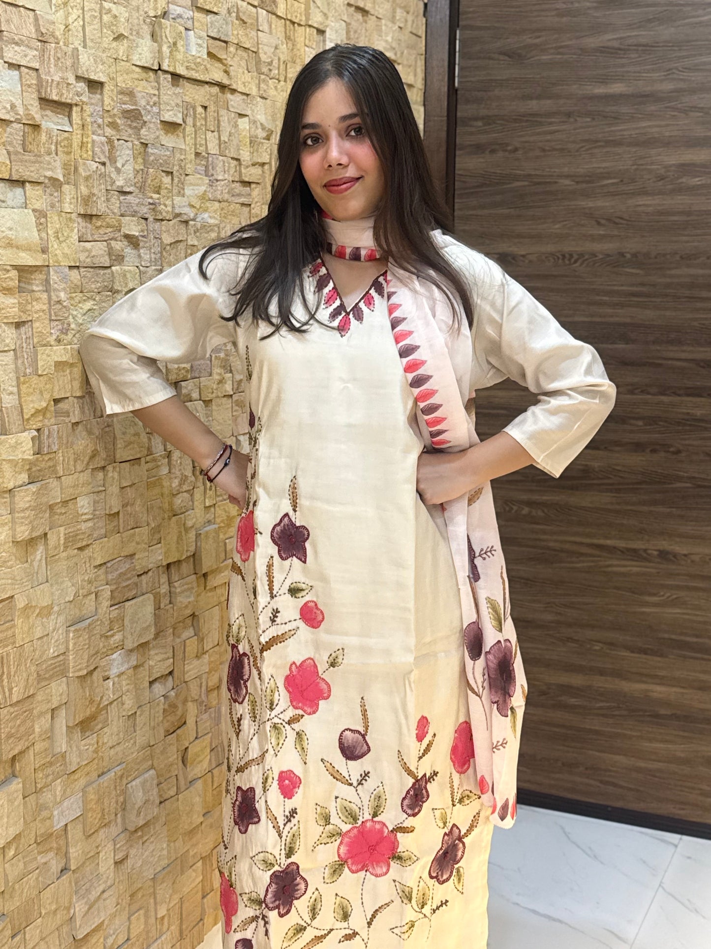 Beige Kantha Embroidery Silk with Dupatta Suit Set