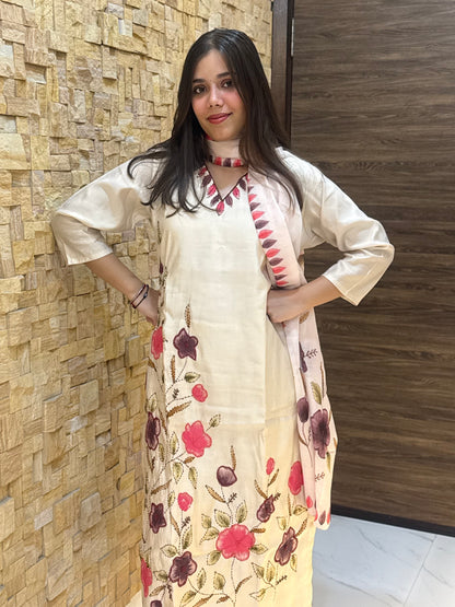 Beige Kantha Embroidery Silk with Dupatta Suit Set