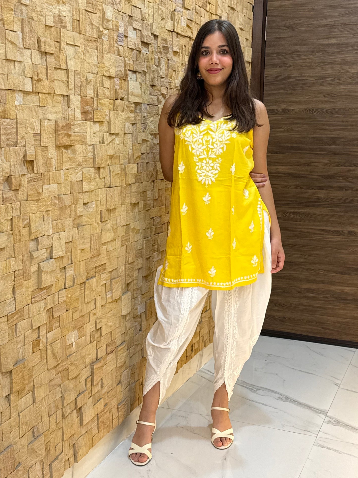 Yellow Noodle Strap Chikankari Short Kurti