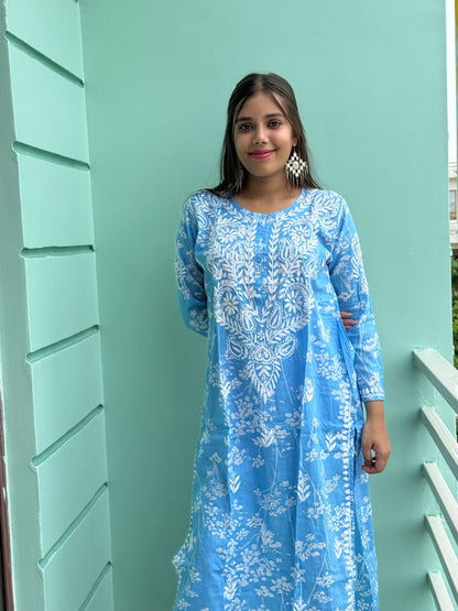Blue and White Chikankari Malmal Co Ord Set