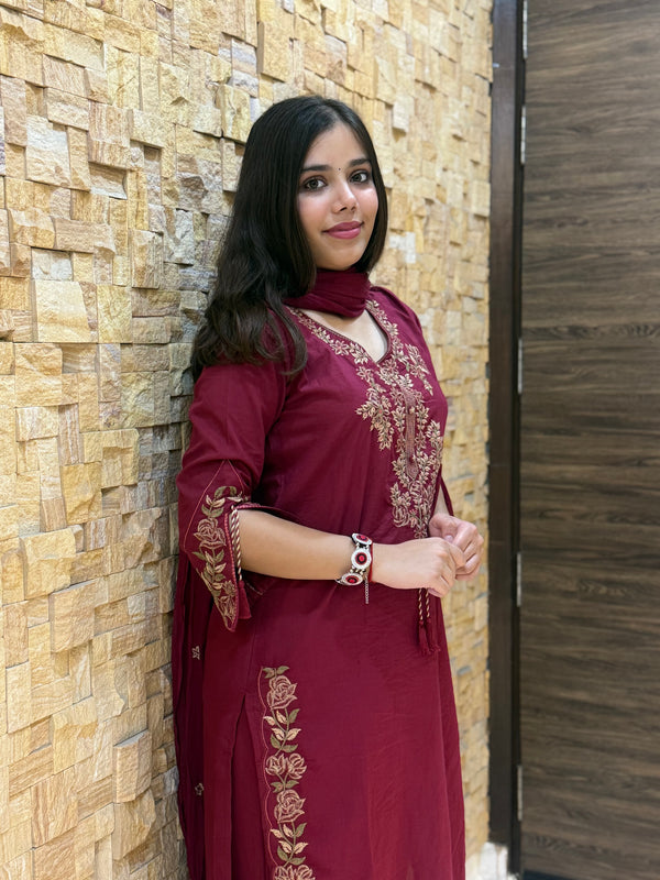Maroon Pure Cotton Embroidery with Mal Dupatta Suit Set