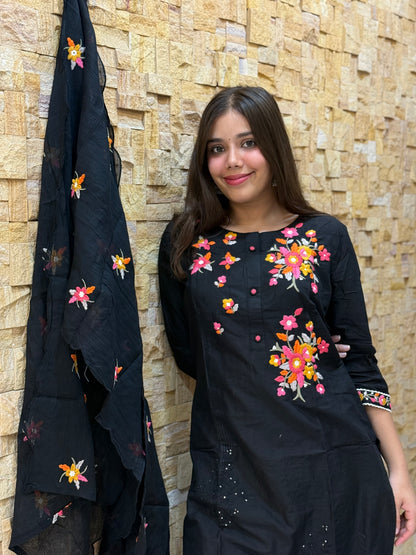 Black Pure Cotton Embroidery with Mal Dupatta Suit Set