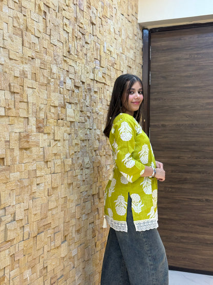 Green Floral Print Corset Short Kurti