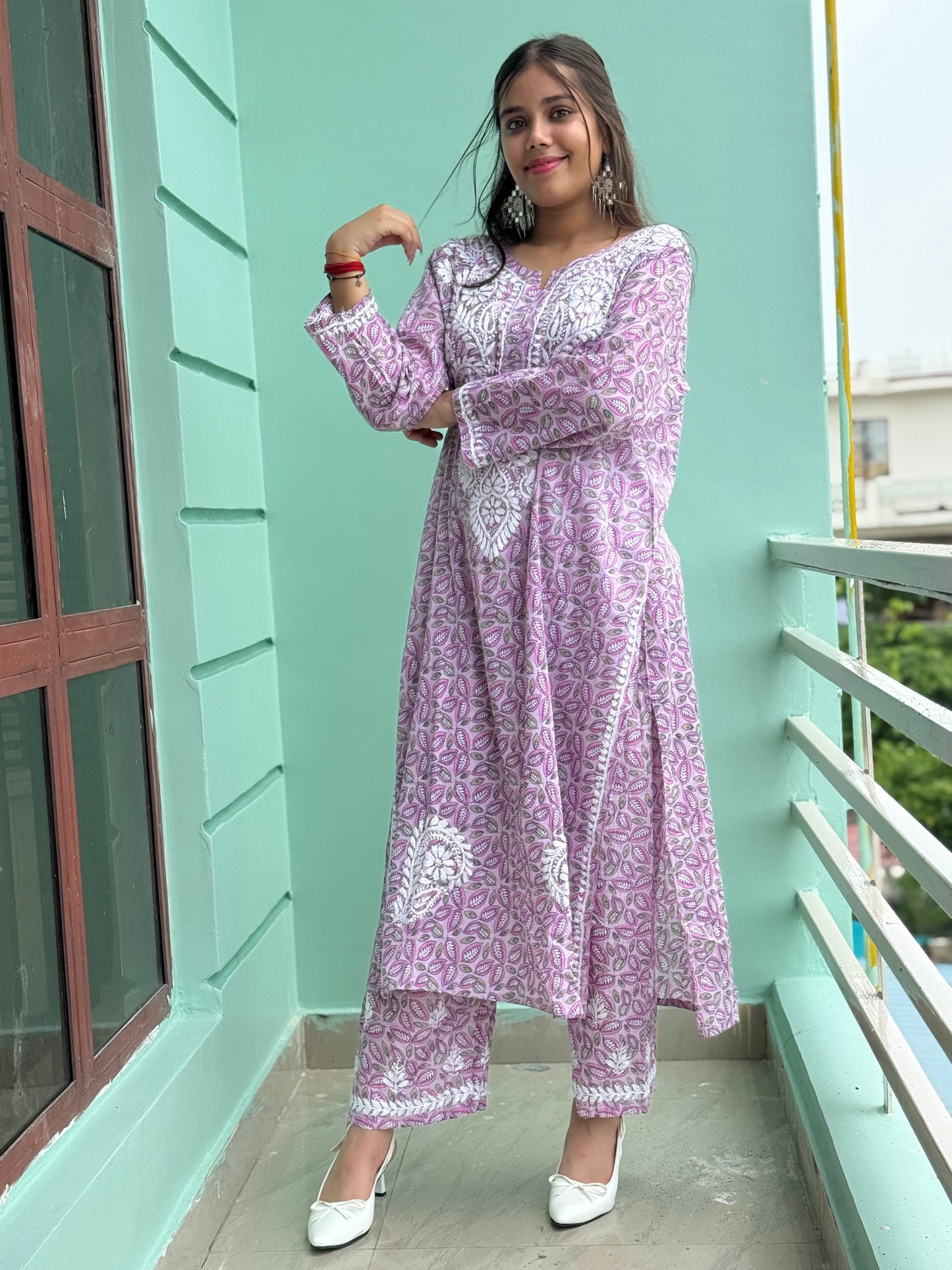 Dusty Pink Chikankari Malmal Co Ord Set