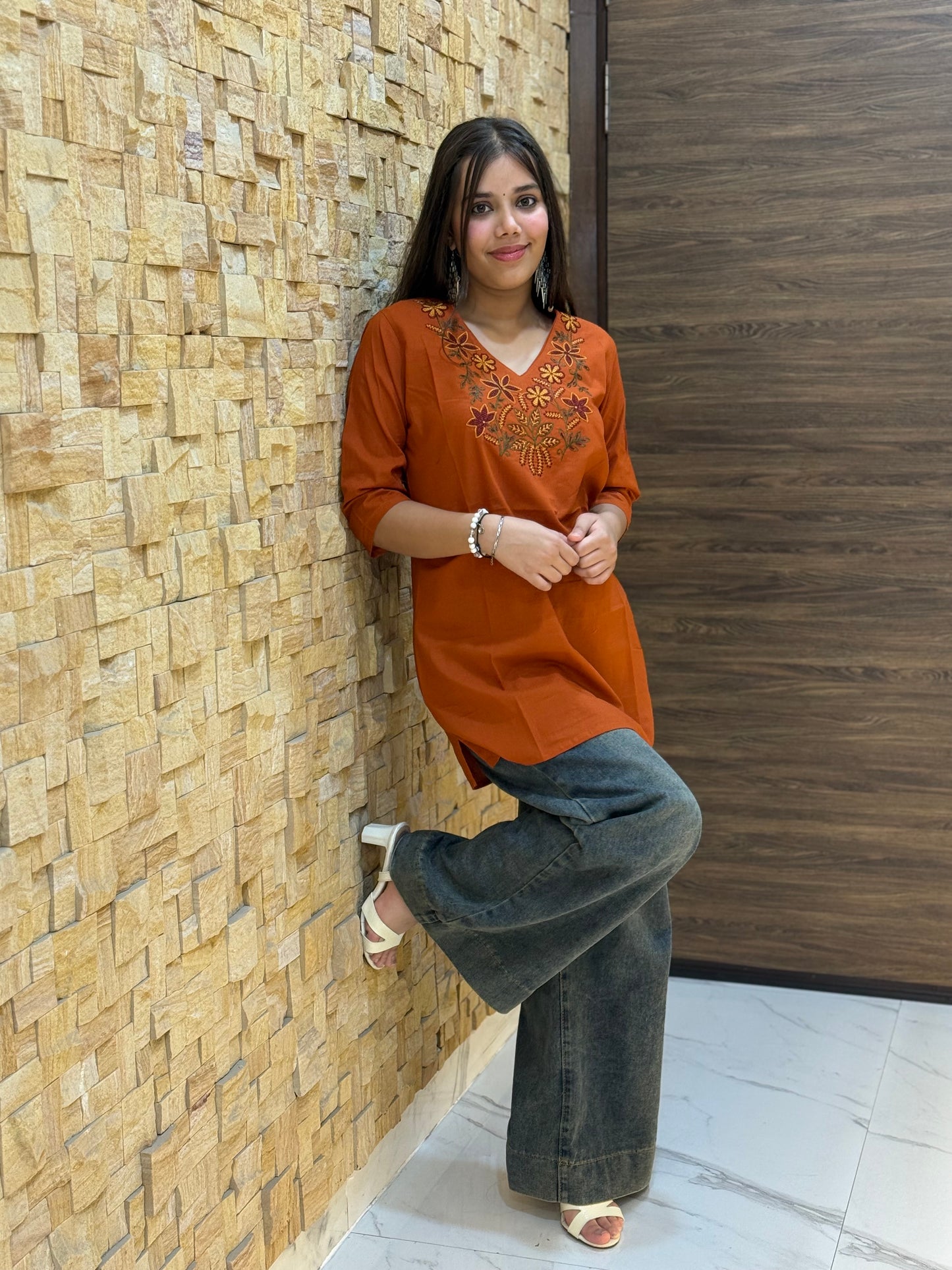 Rust Cotton with Embroidery Short Kurti