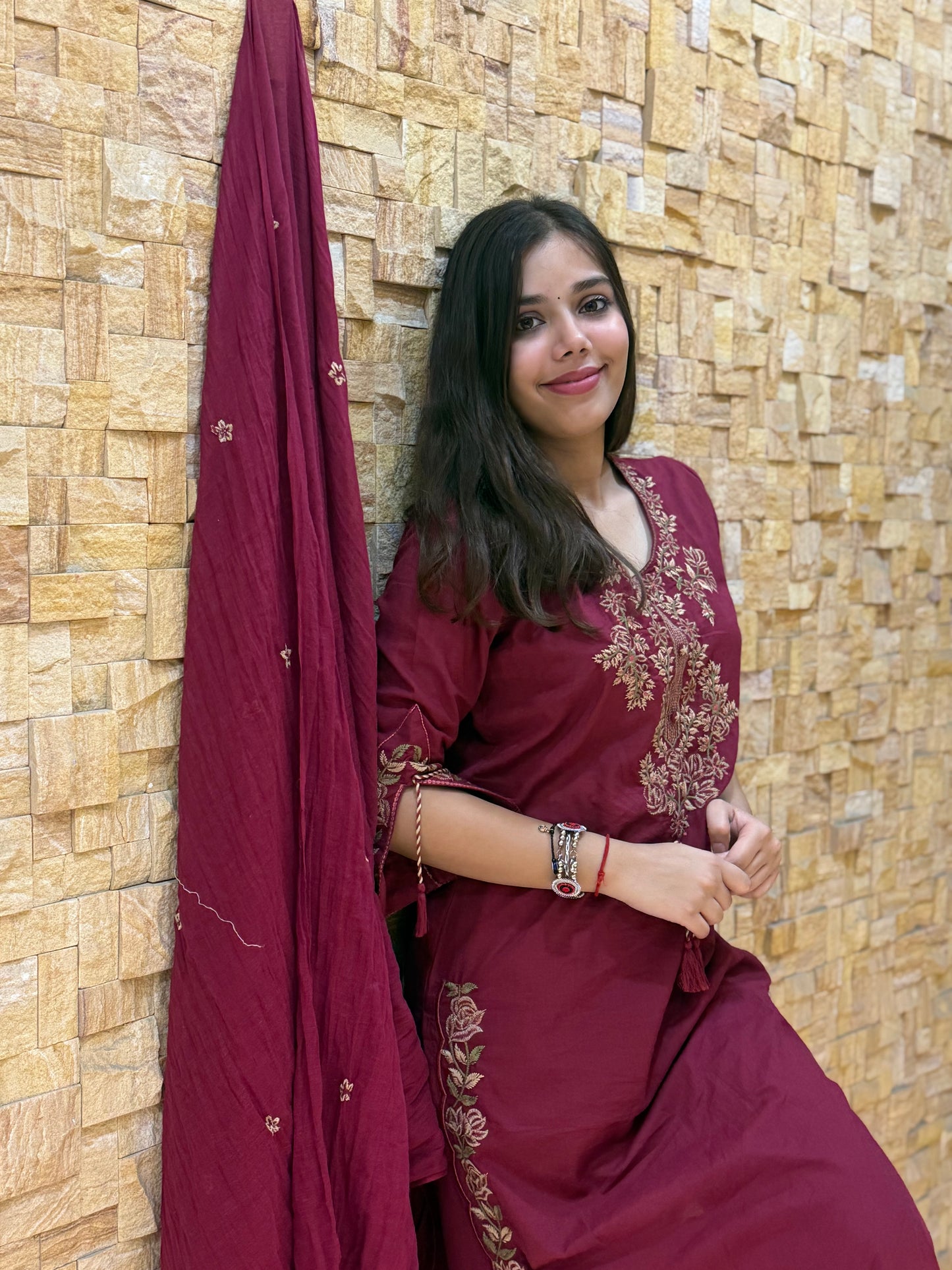 Maroon Pure Cotton Embroidery with Mal Dupatta Suit Set