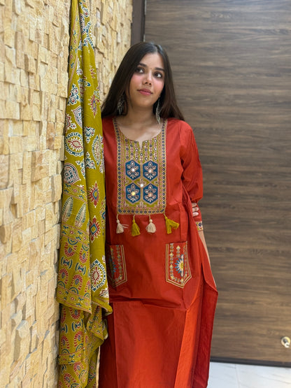 Rust Ajrakh Cotton Suit Set