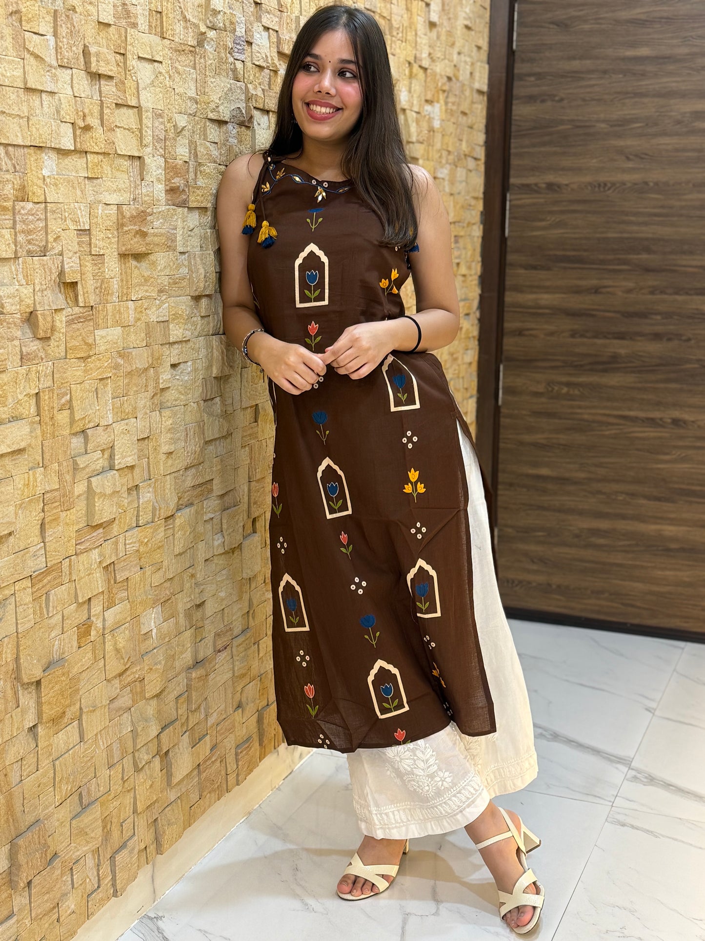 Chocolate Brown Sleeveless Cotton Kurti with Tie-Up Tassels