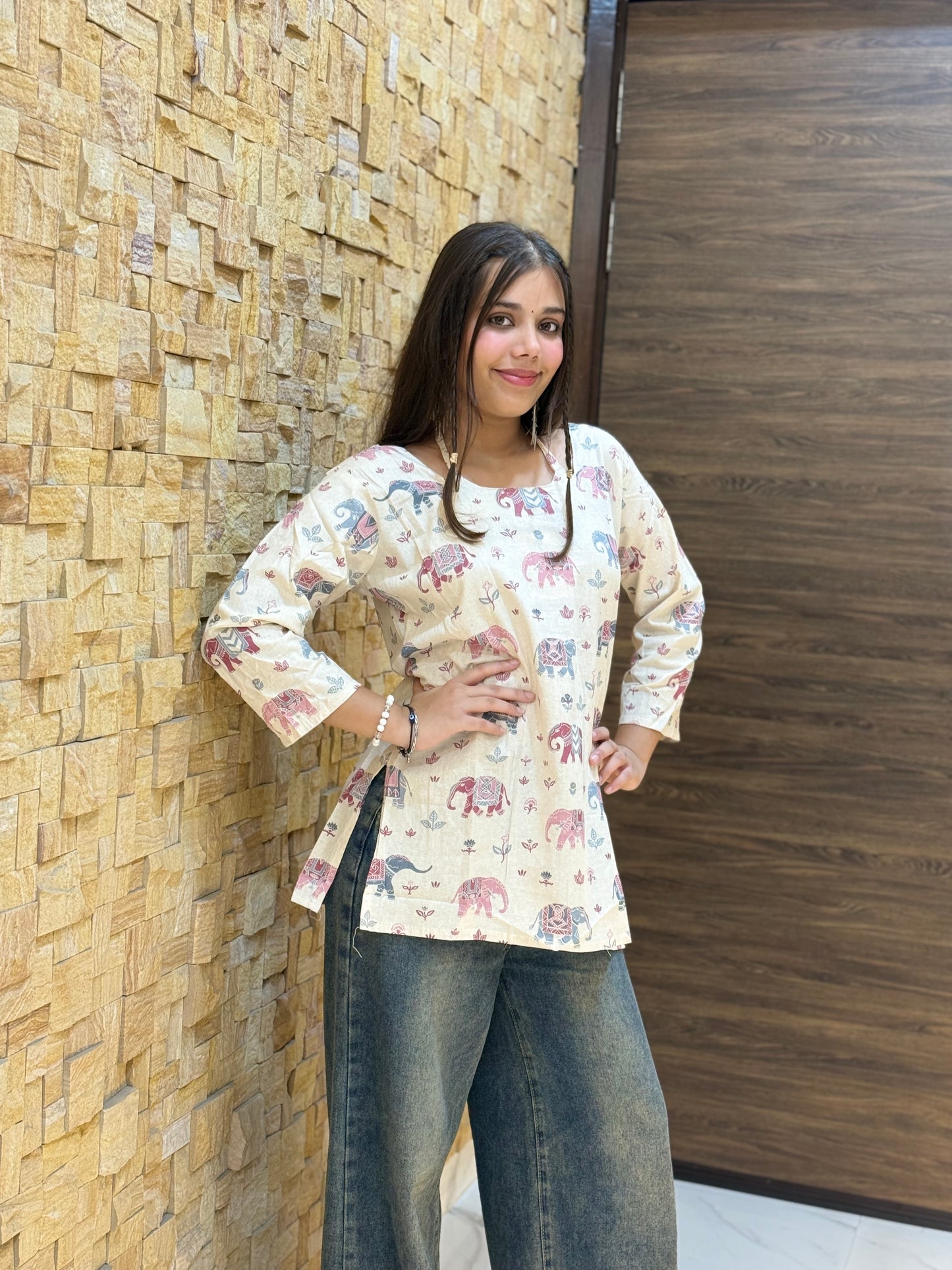 Off White Elephant Print Short Kurti