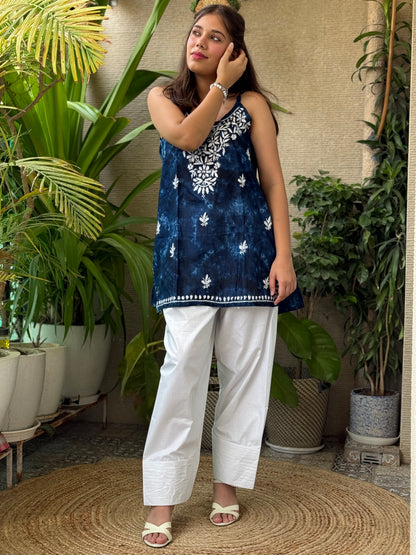 Navy Blue Noodle Strap Chikankari Short Kurti