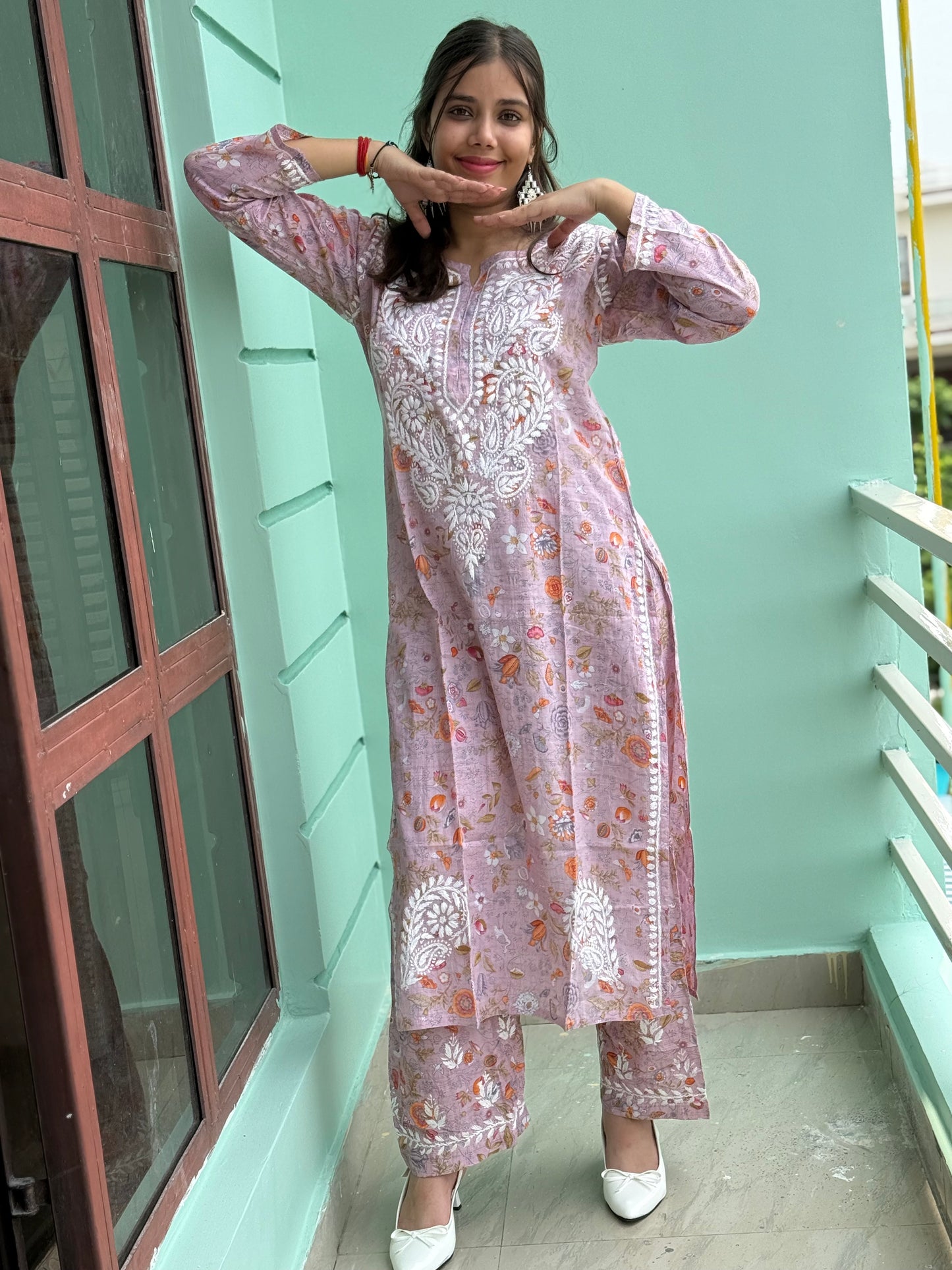 Lavender Chikankari Malmal Co Ord Set