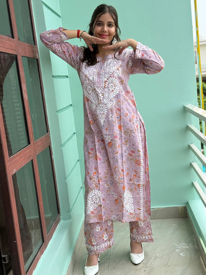 Lavender Chikankari Malmal Co Ord Set