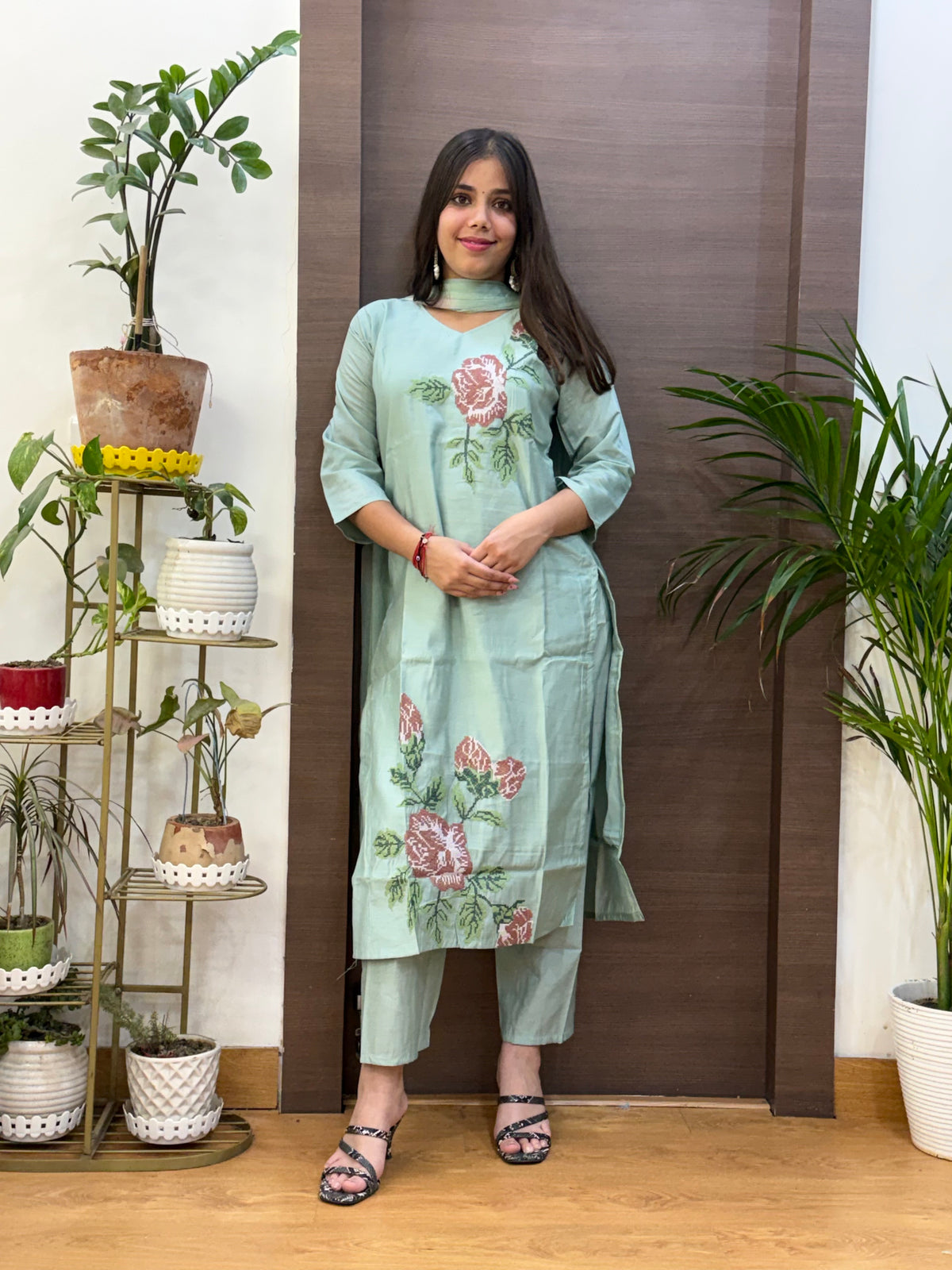 Sage Green Silk Sindhi Embroidery Dupatta Suit Set