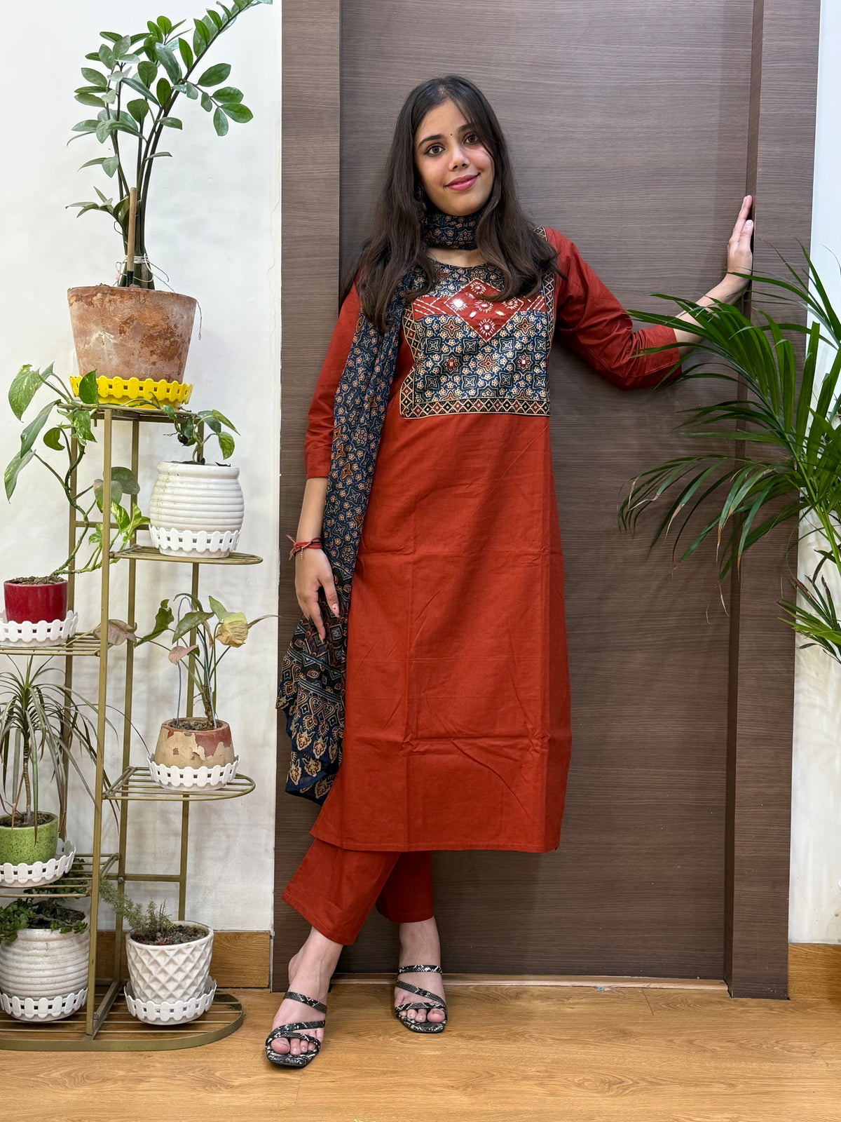 Rust Cotton Ajrakh Dupatta Suit Set