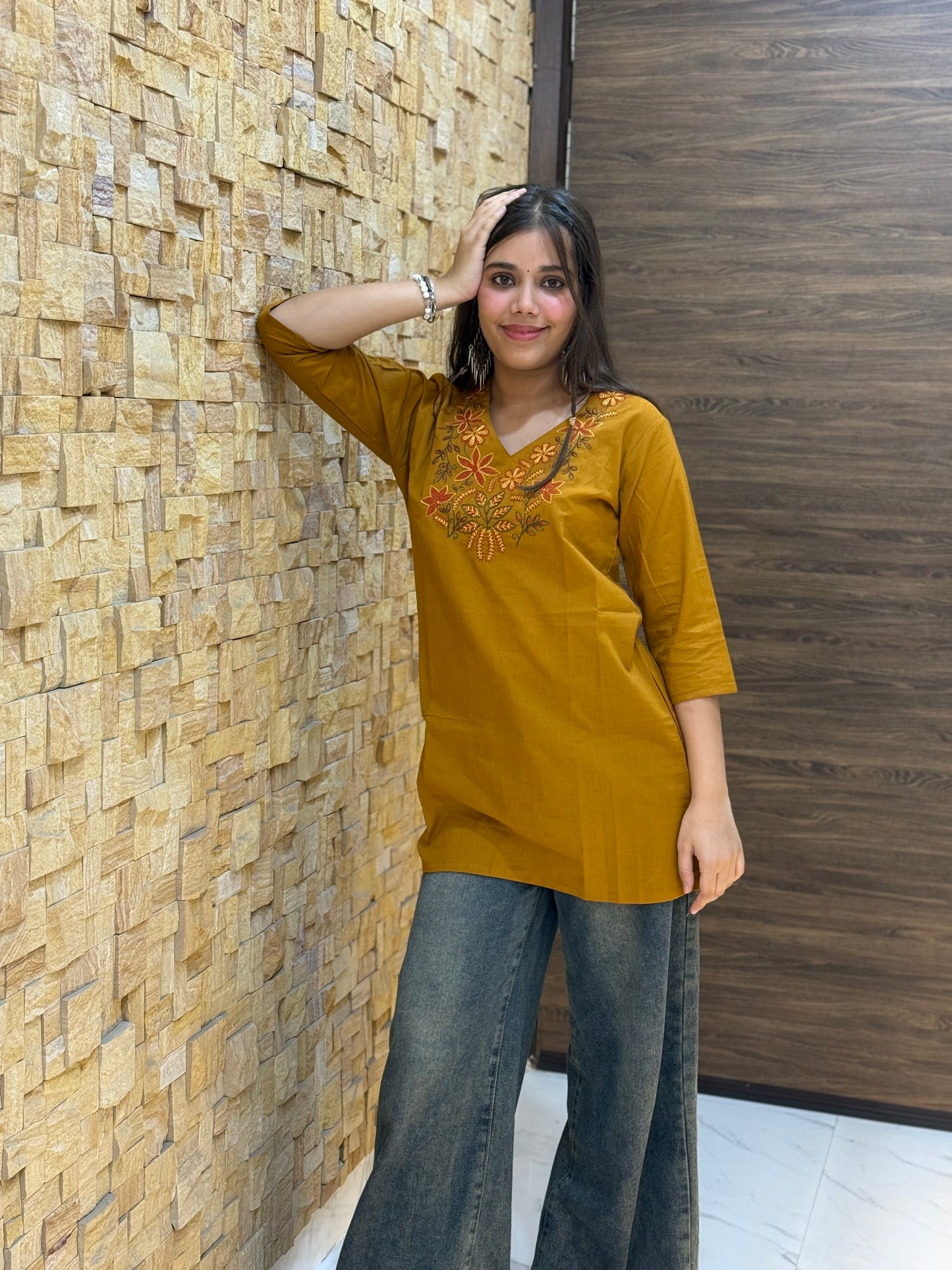 Mustard Cotton with Embroidery Short Kurti
