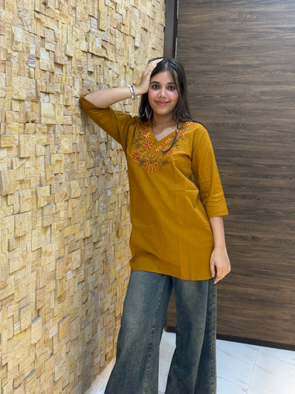 Mustard Cotton with Embroidery Short Kurti
