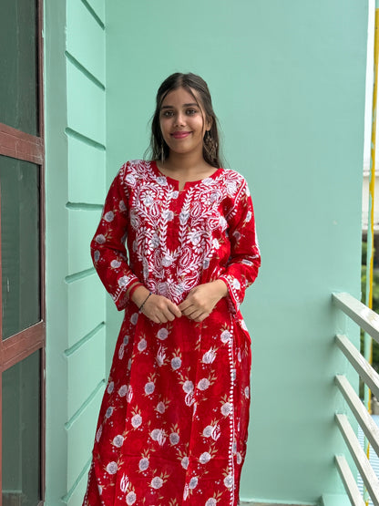 Red Chikankari Malmal Co Ord Set