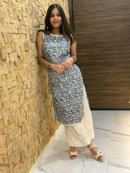 Grey Printed Cotton Sleeveless with Lace Detail Kurti