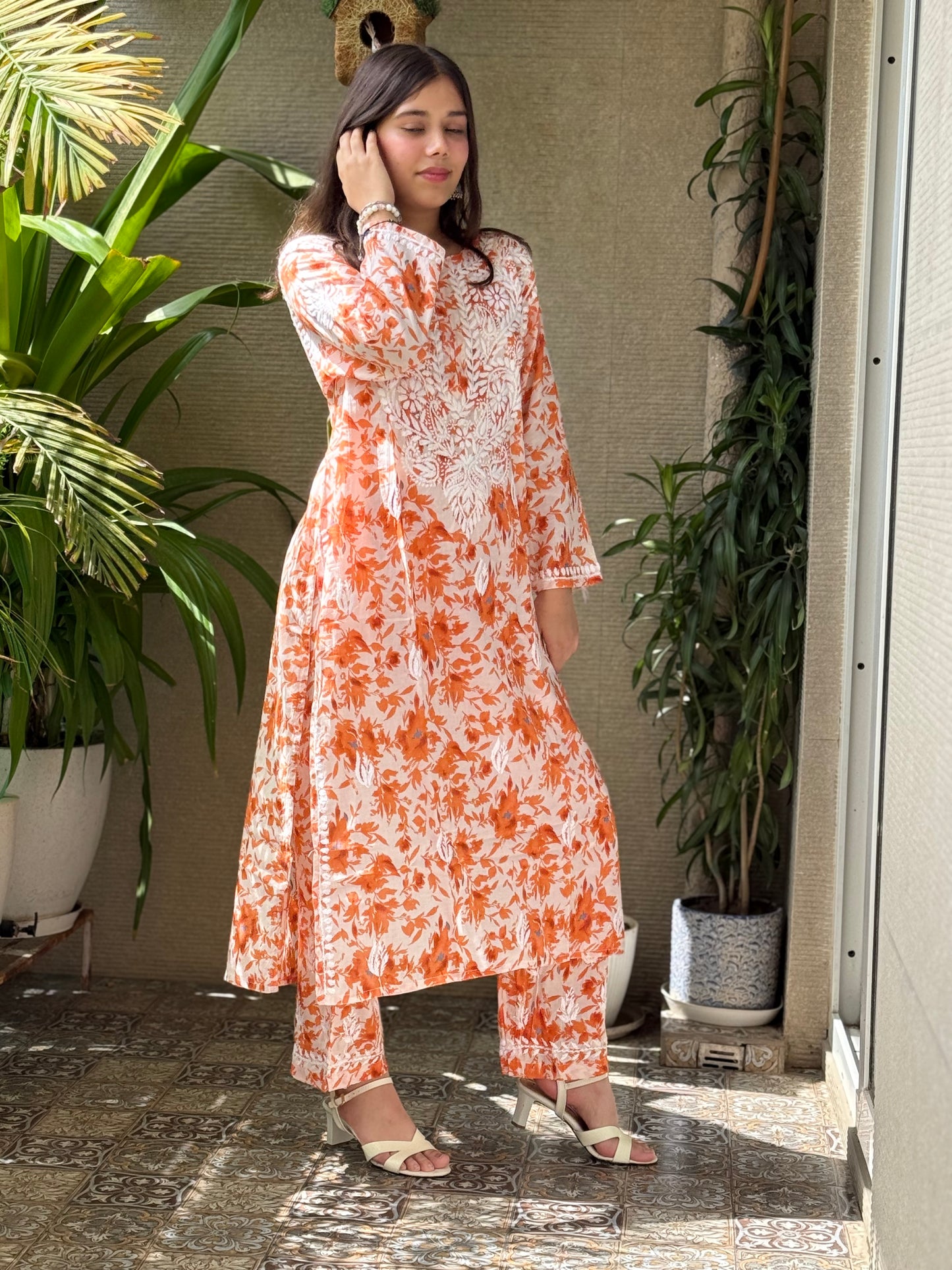 Orange Chikankari Malmal Co Ord Set