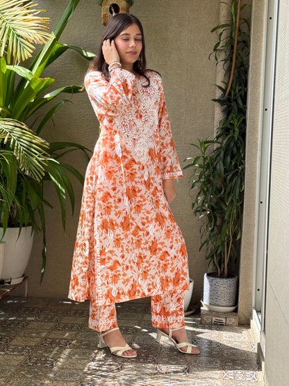 Orange Chikankari Malmal Co Ord Set