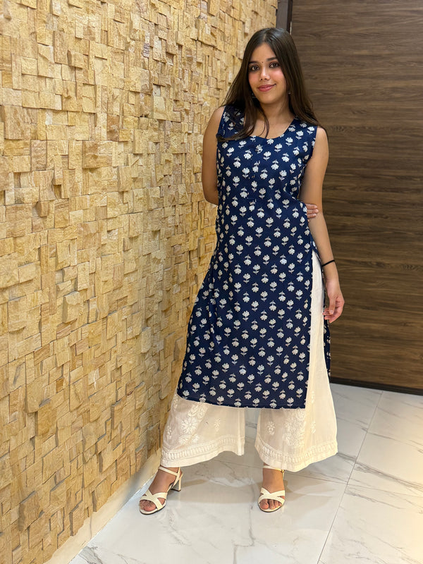 Navy Blue Floral Cotton with Tie-Up Details Kurti