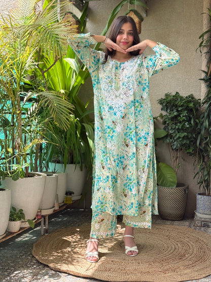 Turquoise Chikankari Malmal Co Ord Set