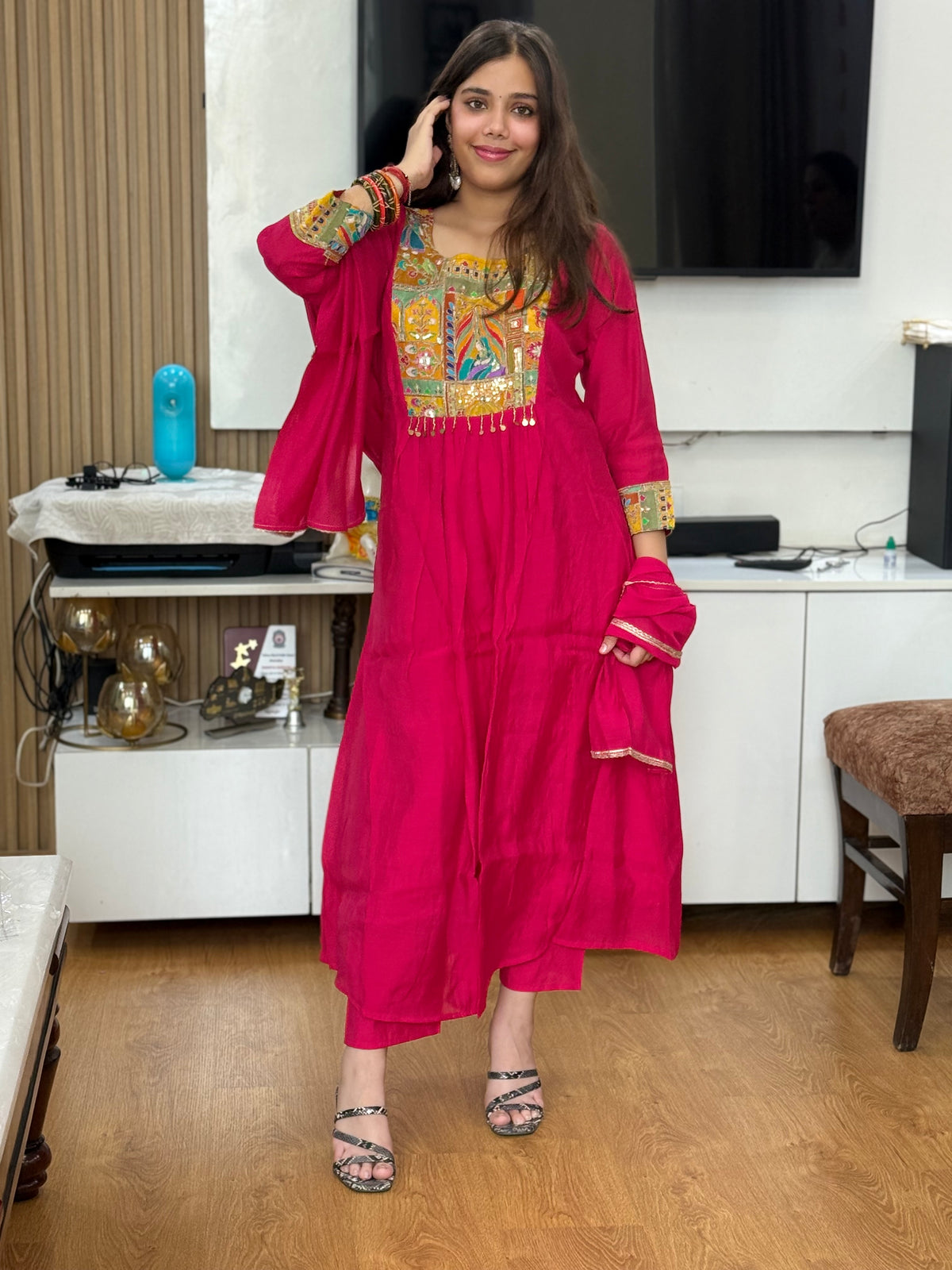 Magenta Mal Chanderi Aline Dupatta Suit Set