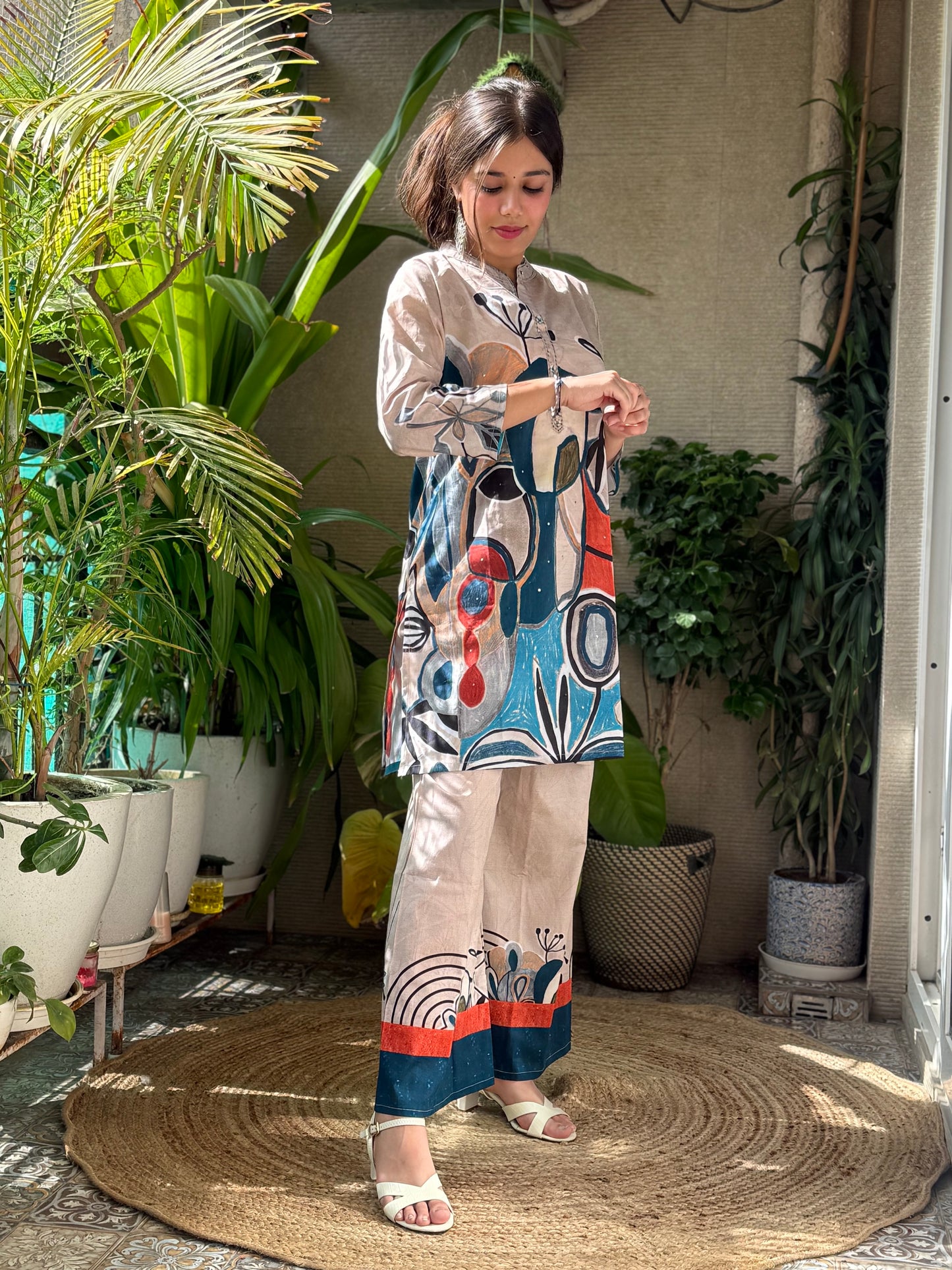 Beige digital print Cotton Co Ord Set