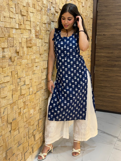 Navy Blue Floral Cotton with Tie-Up Details Kurti