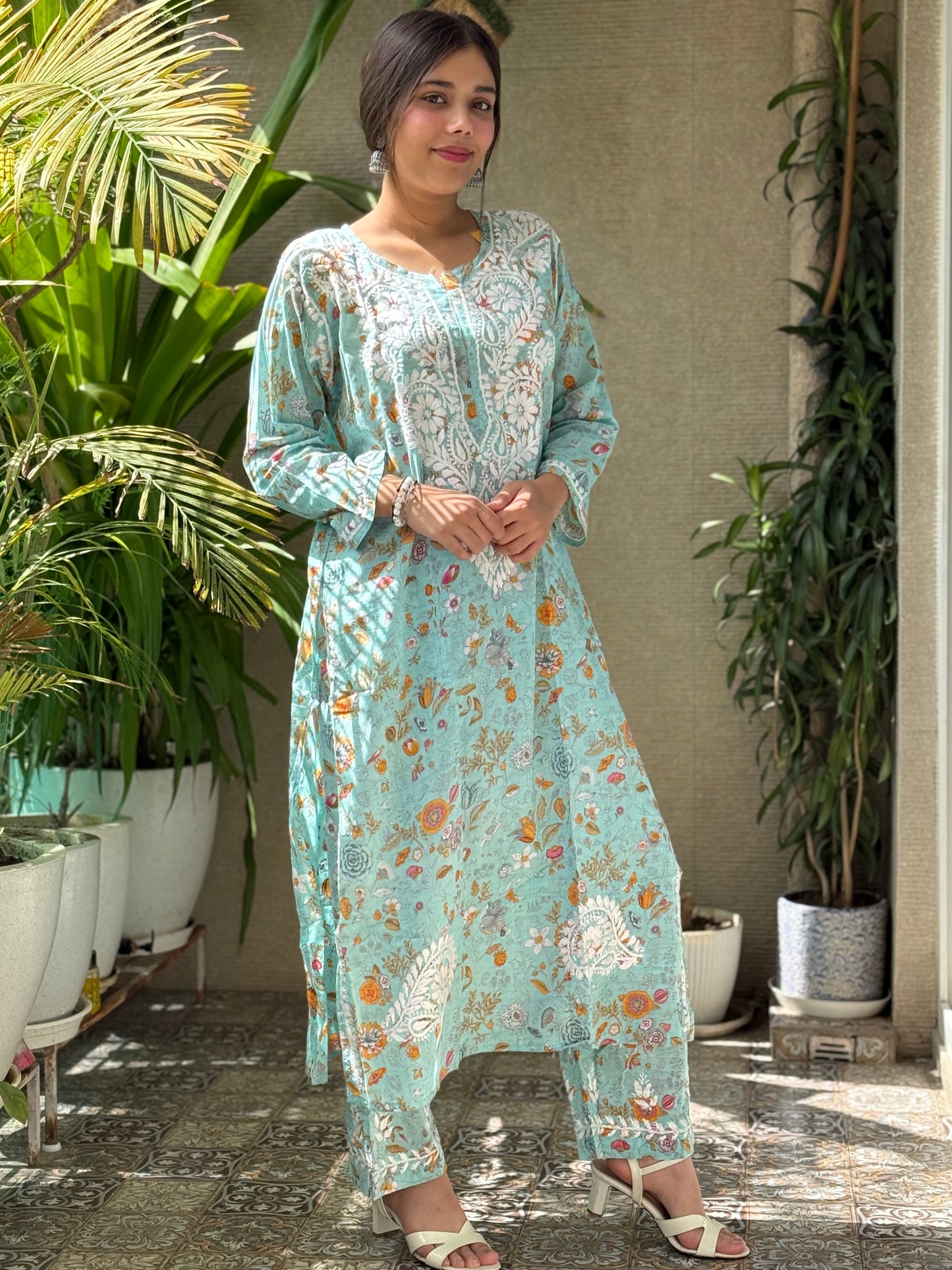 Turquoise Chikankari Malmal Co Ord Set