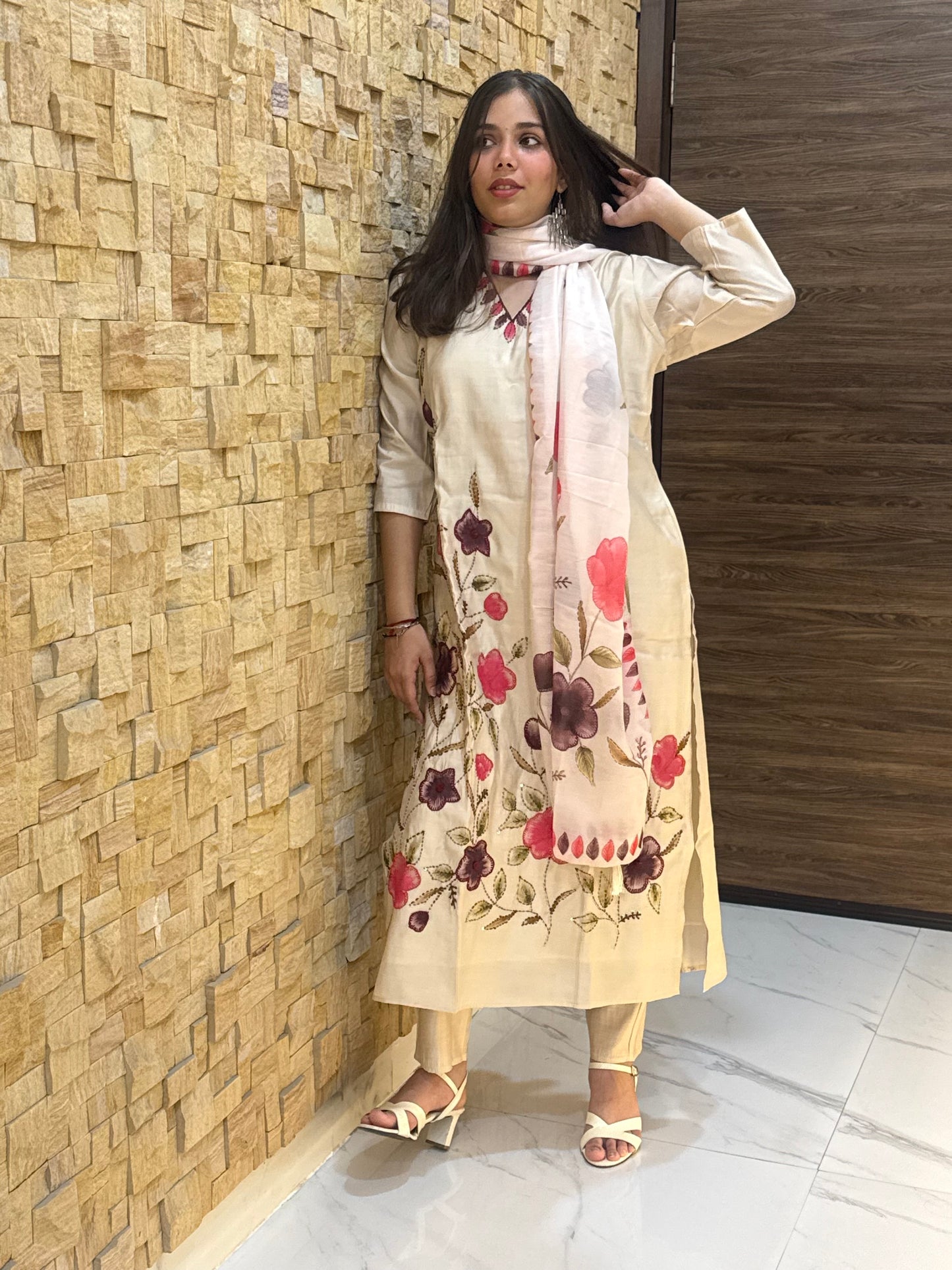 Beige Kantha Embroidery Silk with Dupatta Suit Set