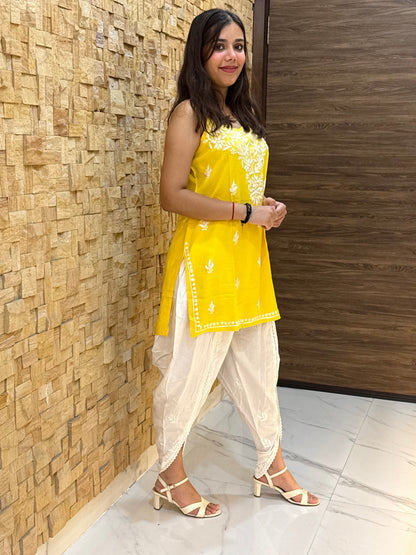 Yellow Noodle Strap Chikankari Short Kurti