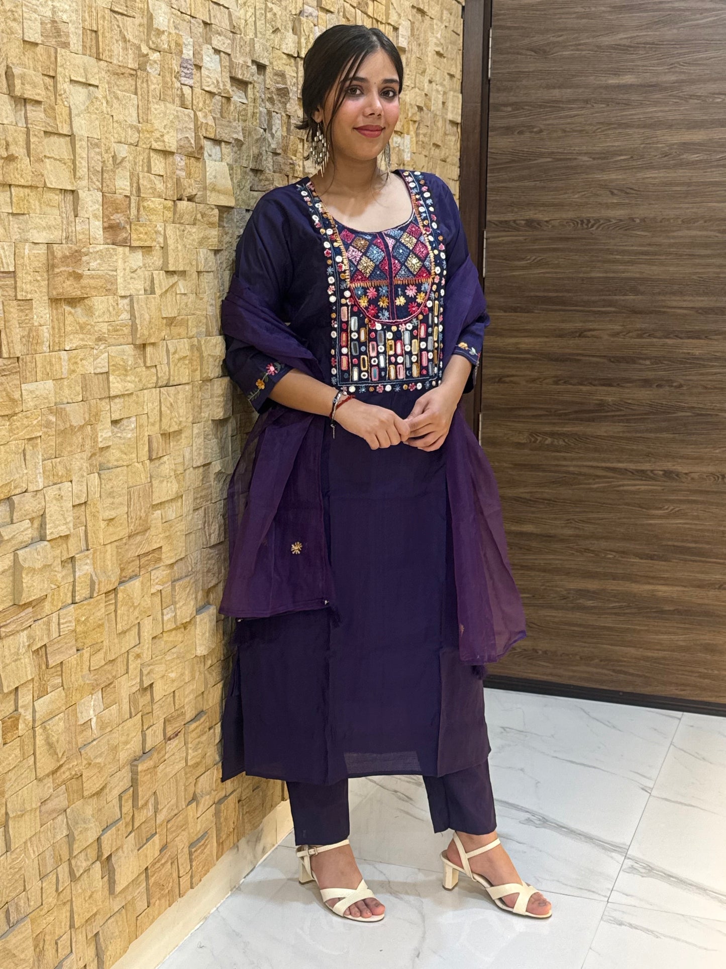 Purple Kantha Embroidery Silk with Dupatta Suit Set