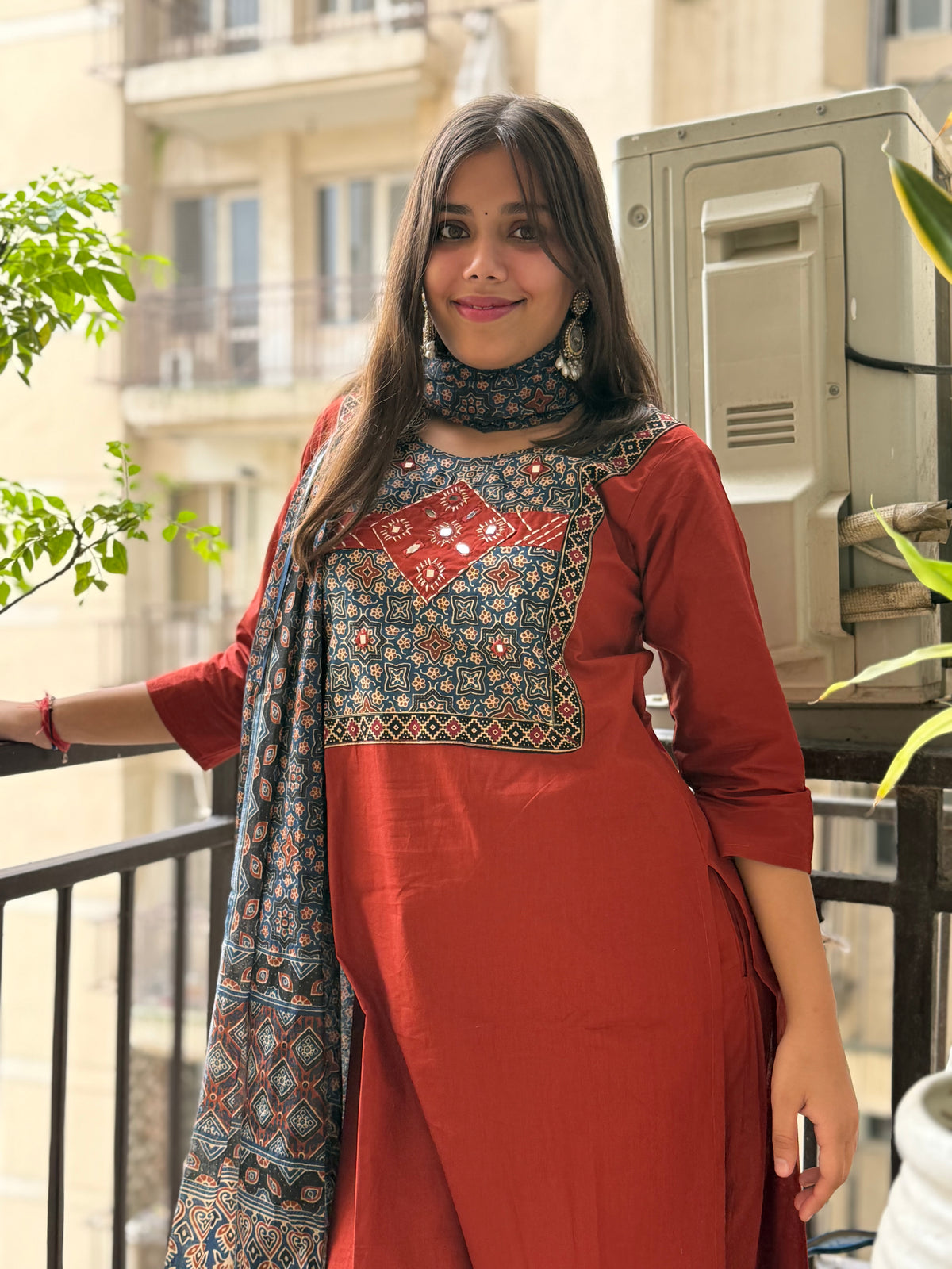 Rust Cotton Ajrakh Dupatta Suit Set
