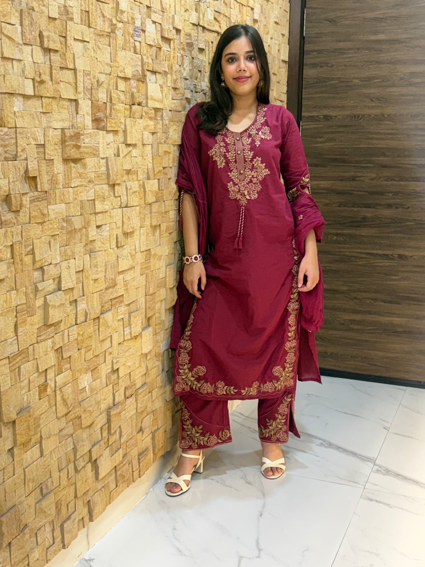 Maroon Pure Cotton Embroidery with Mal Dupatta Suit Set