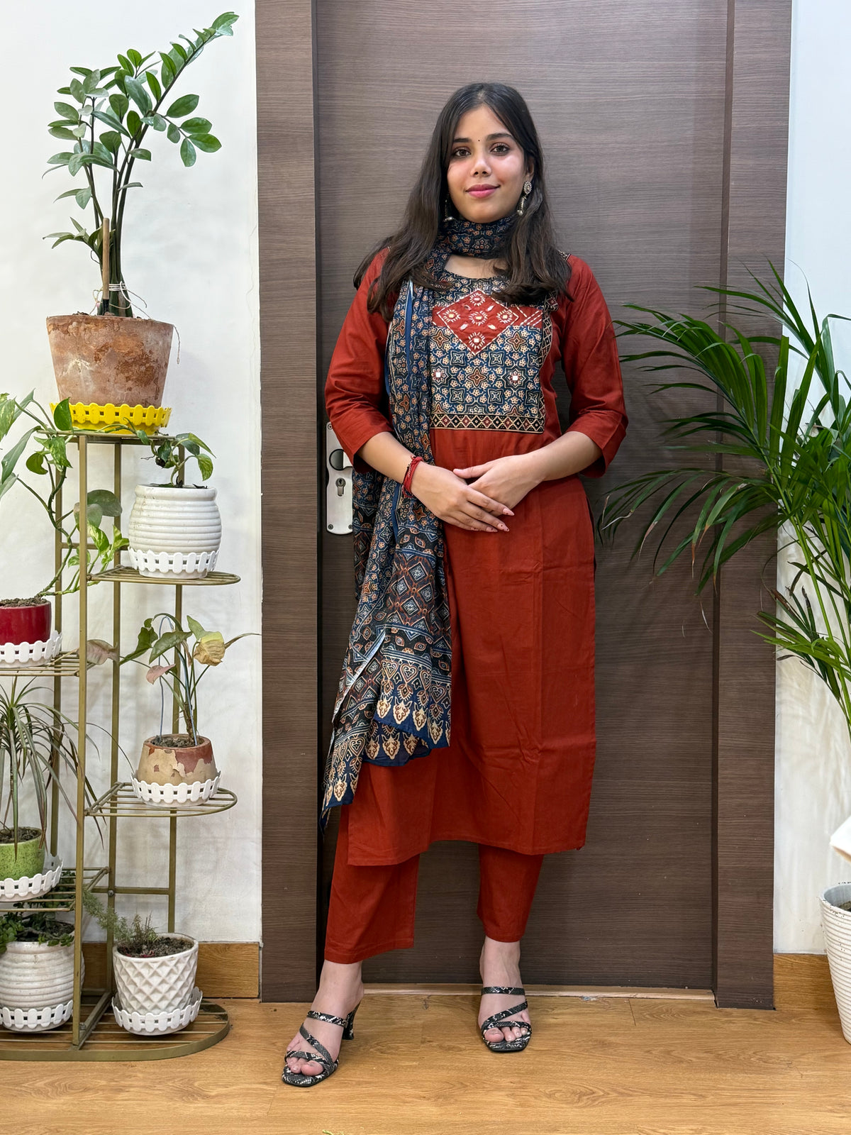 Rust Cotton Ajrakh Dupatta Suit Set