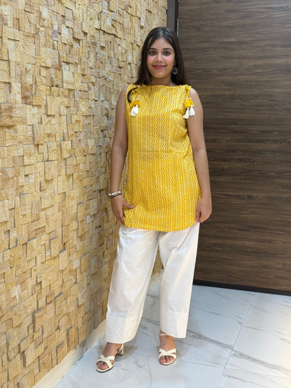 Yellow geometric Print with Tie-knot details Short Kurti