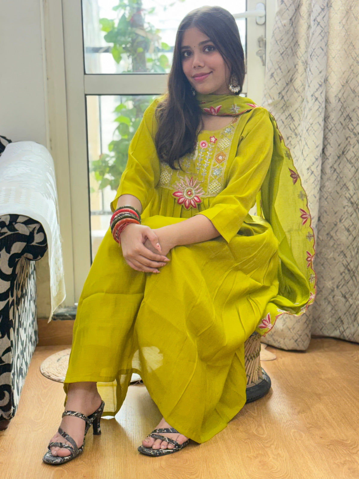 Green Mal Chanderi Aline Dupatta Suit Set