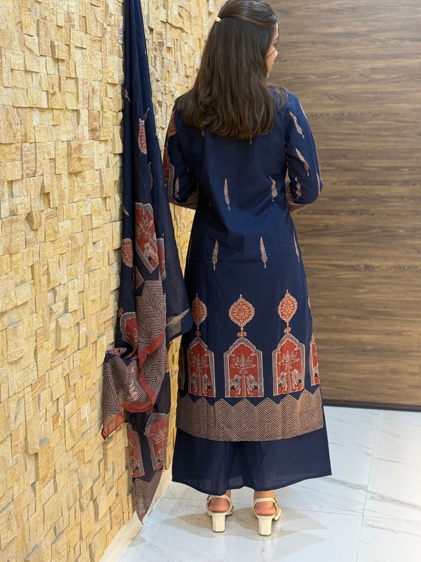 Blue Temple design Cotton Suit Set