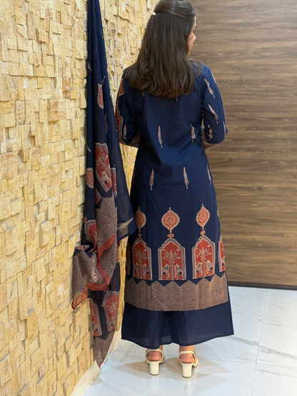 Blue Temple design Cotton Suit Set