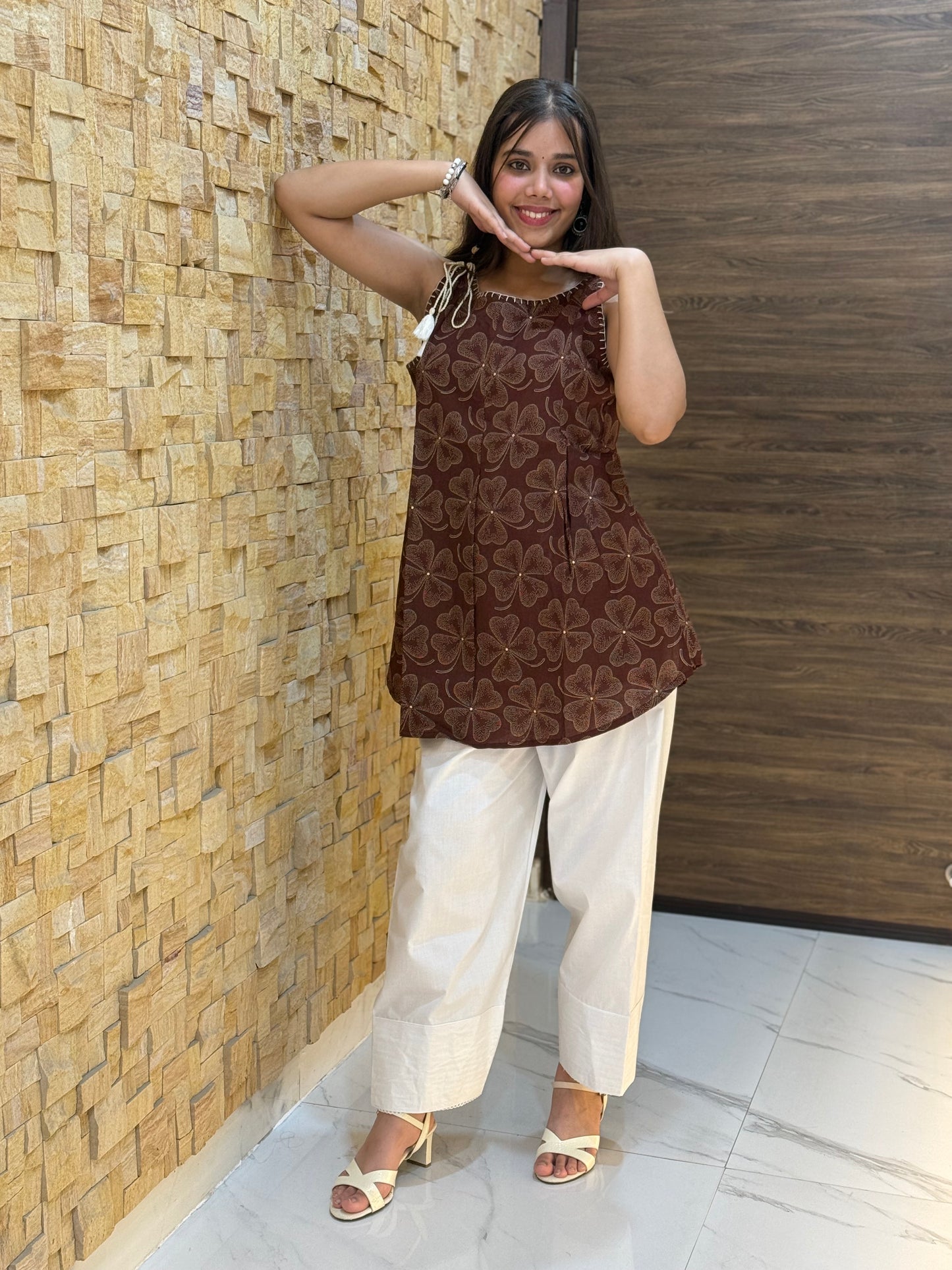 Brown Floral Print Sleeveless Short Kurti with Tie-knot details