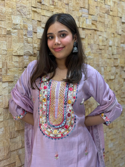 Lavendor Kantha Embroidery Silk with Dupatta Suit Set