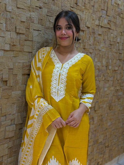 Yellow Digital Print Cotton Suit Set