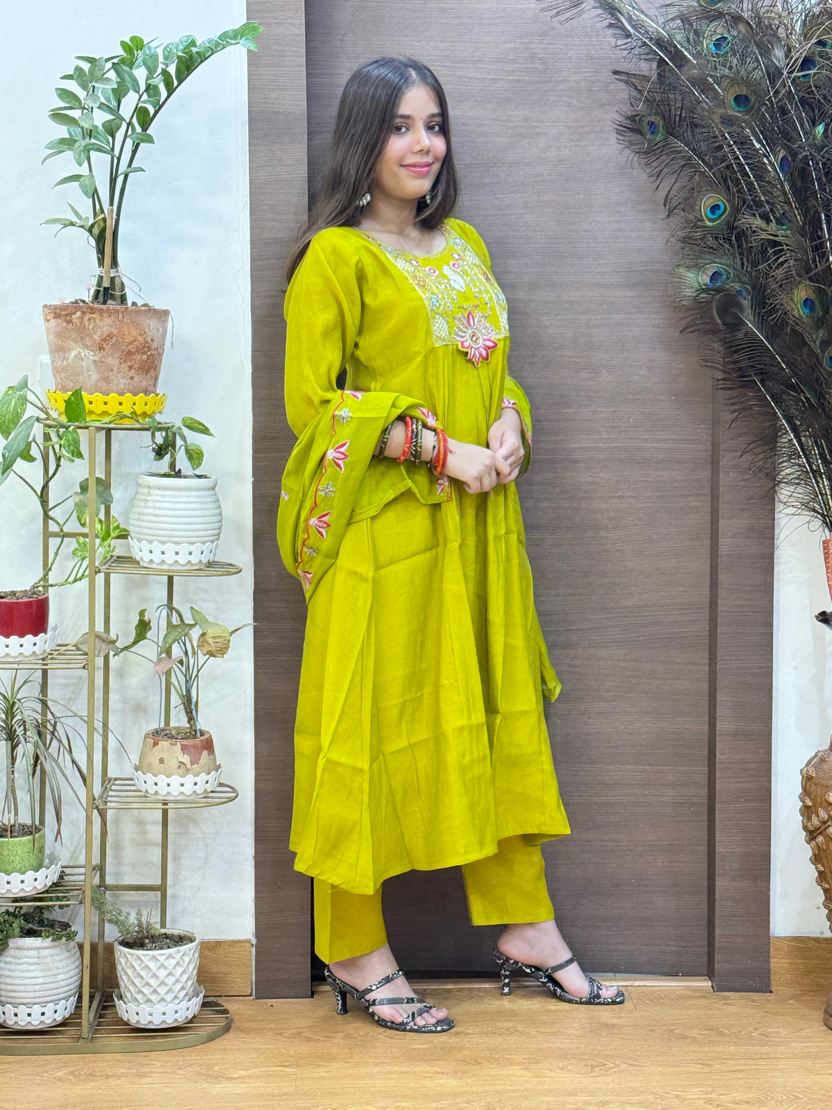 Green Mal Chanderi Aline Dupatta Suit Set