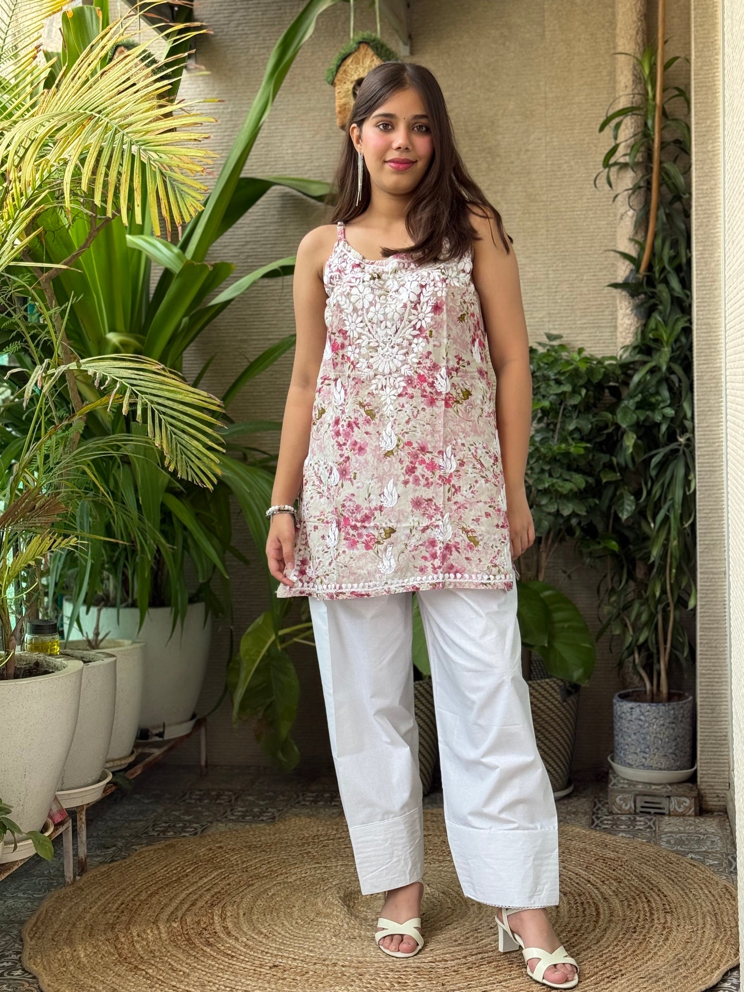 Printed Noodle Strap Chikankari Short Kurti